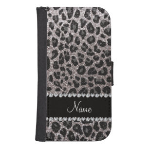 Custom name silver glitter leopard spots galaxy s4 wallet case