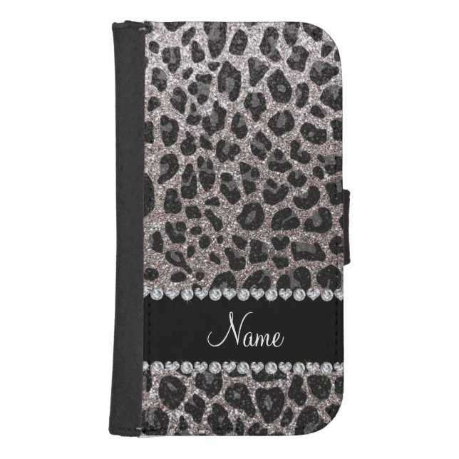 Custom name silver glitter leopard spots samsung galaxy wallet case (Front)