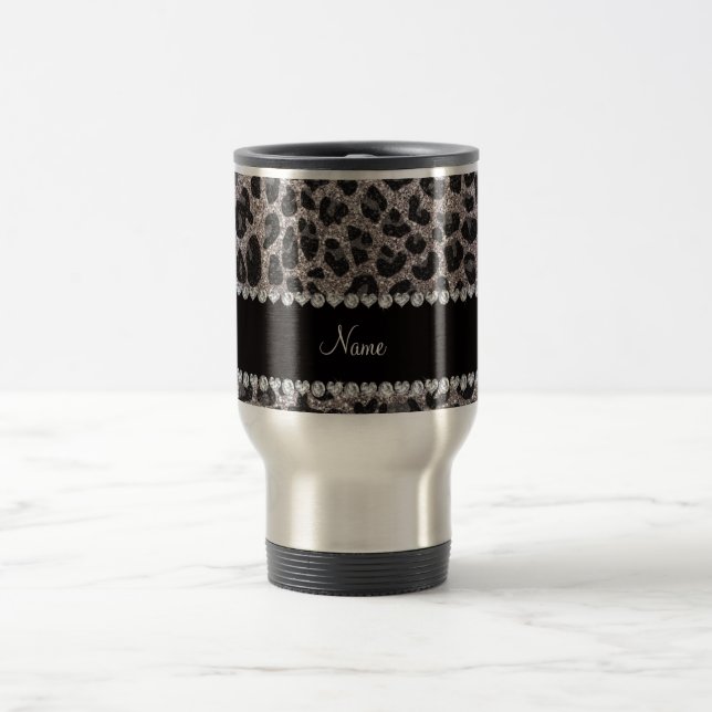 Custom name silver glitter leopard spots travel mug (Center)