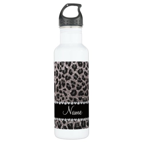 Custom name silver glitter leopard spots water bottle