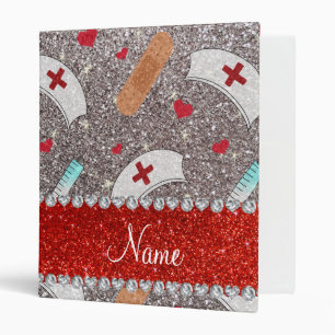 Custom name silver glitter nurse hats heart 3 ring binder