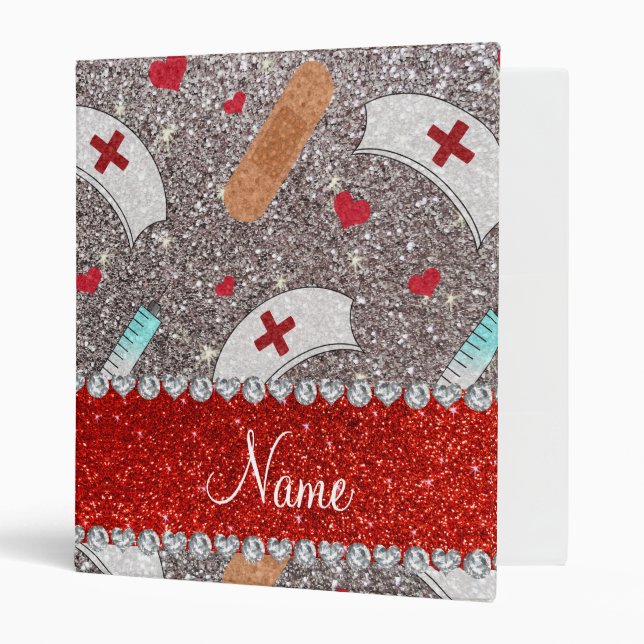 Custom name silver glitter nurse hats heart 3 ring binder (Front/Inside)