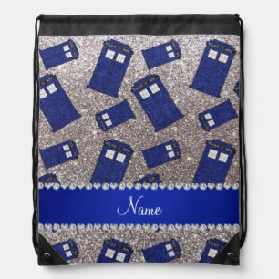 Custom name silver glitter police box drawstring bag