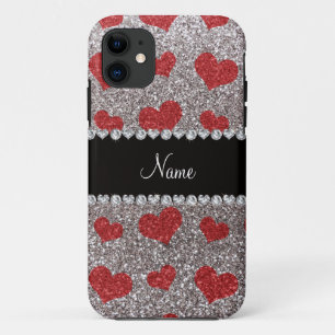 Custom name silver glitter red hearts iPhone 11 case