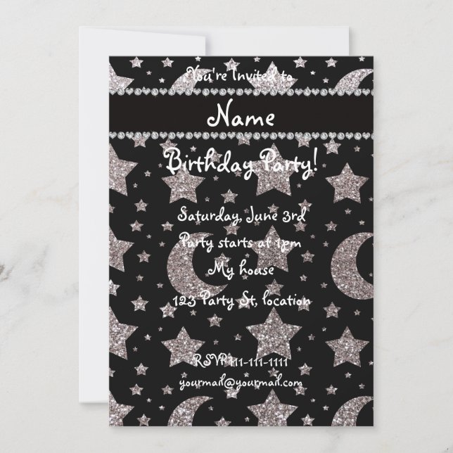 Custom name silver glitter stars and moons invitation (Front)
