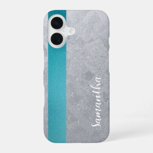 Custom Name Silver Glitter & Teal Stripe Textured iPhone 16 Case