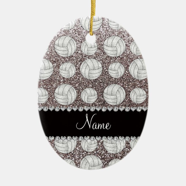 Custom name silver glitter volleyballs ceramic ornament (Front)