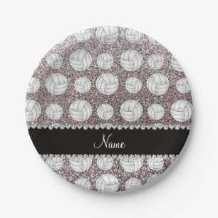 Custom name silver glitter volleyballs paper plates