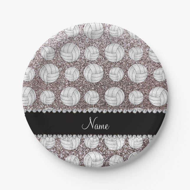 Custom name silver glitter volleyballs paper plates (Front)