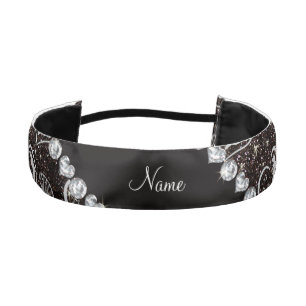 Custom name silver hearts dolphins black glitter athletic headband