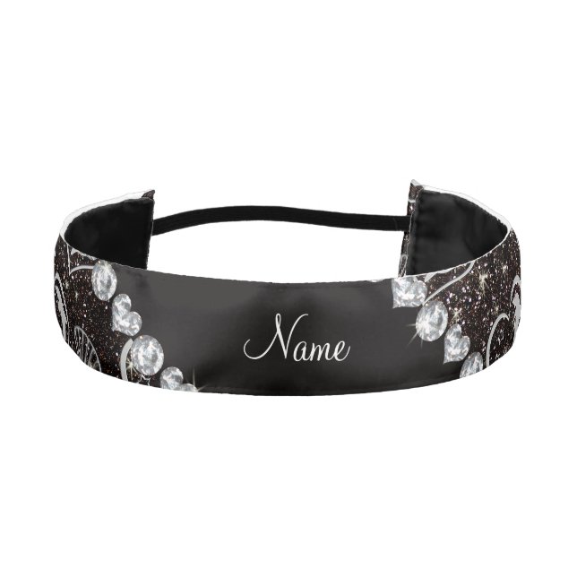 Custom name silver hearts dolphins black glitter athletic headband