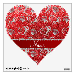 Custom name silver hearts dolphins red glitter wall decal