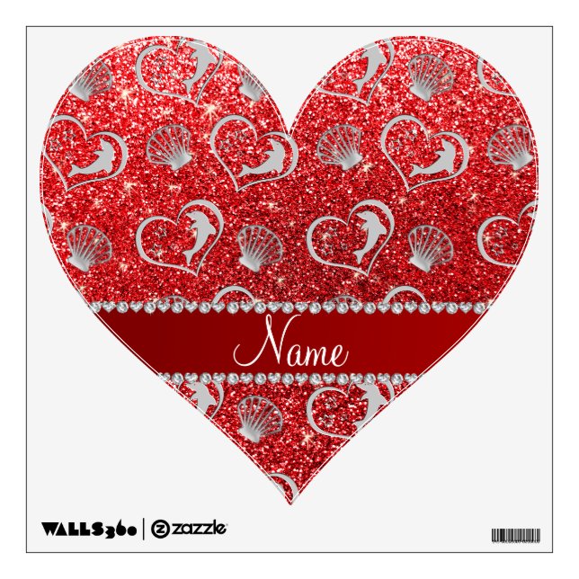 Custom name silver hearts dolphins red glitter wall decal (Front)