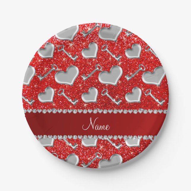 Custom name silver hearts keys neon red glitter paper plates (Front)