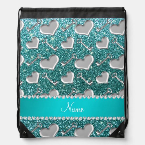 Custom name silver hearts keys turquoise glitter drawstring bag