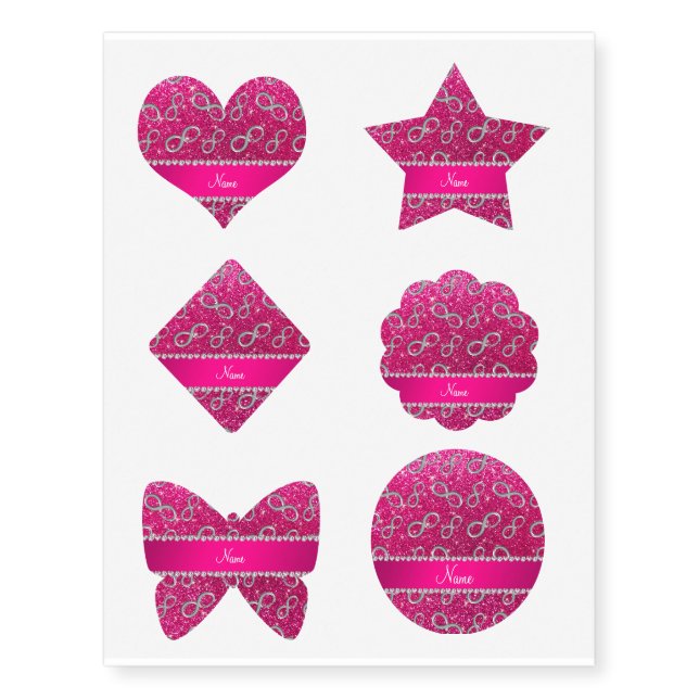 Custom name silver infinity neon hot pink glitter temporary tattoos (Front)