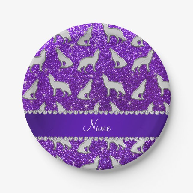 Custom name silver wolf indigo purple glitter paper plates (Front)