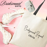 Custom Name,Simple Script Bridesmaid Wedding Tote Bag<br><div class="desc">Introducing our "Bridesmaid Squad" Personalized Tote Bag – the perfect blend of style, practicality, and heartfelt appreciation. Designed with love and elegance, this modern tote bag features "Bridesmaid Squad" in a beautiful script font and can be personalized with your bridesmaid's name, making it a one-of-a-kind keepsake. Ideal for carrying on...</div>