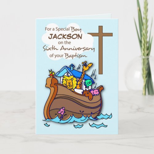 Custom Name Sixth Anniversary of Baptism Boy Ark Card