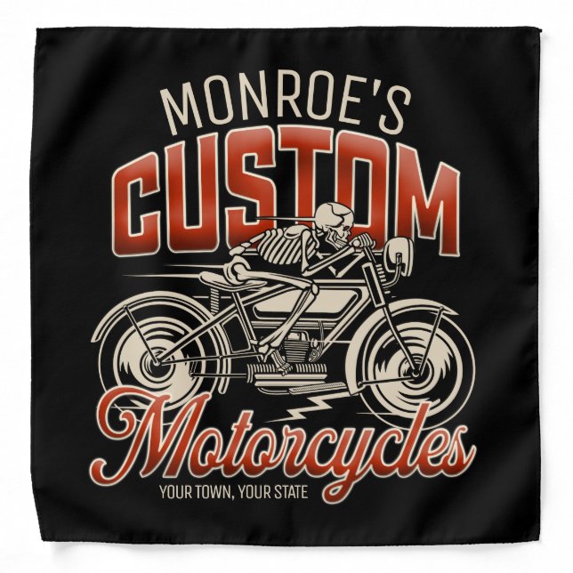 Custom NAME Skeleton Motorcycle Cycle Shop Bandana (Front)