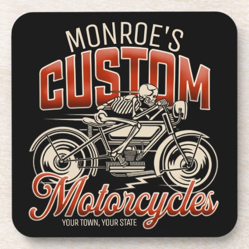 Custom NAME Skeleton Motorcycle Cycle Shop Beverage Coaster