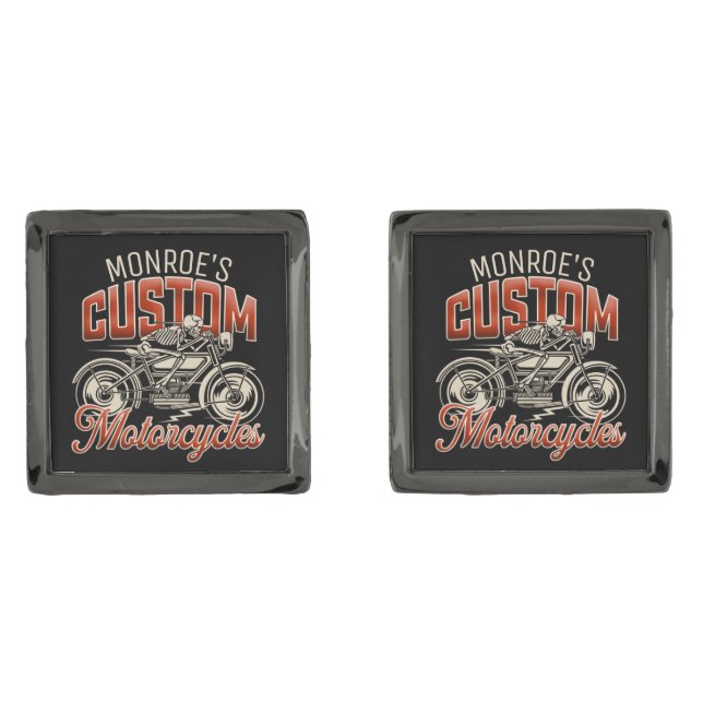 Custom NAME Skeleton Motorcycle Cycle Shop Cufflinks (Front)