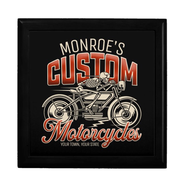 Custom NAME Skeleton Motorcycle Cycle Shop Gift Box (Front)