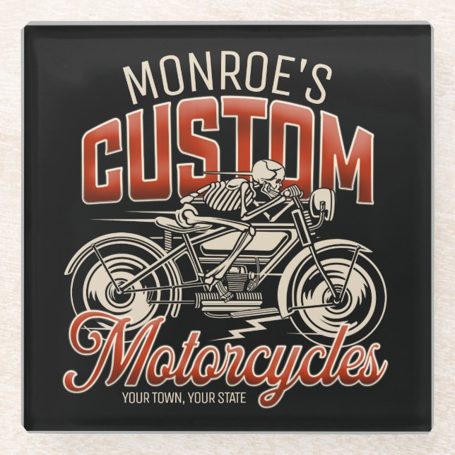 Custom NAME Skeleton Motorcycle Cycle Shop Glass Coaster (Front)