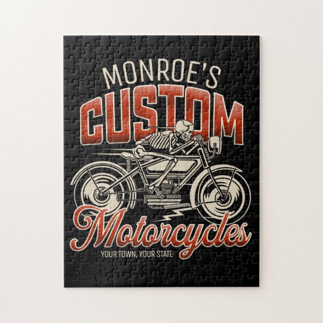 Custom NAME Skeleton Motorcycle Cycle Shop Jigsaw Puzzle (Vertical)