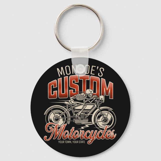 Custom NAME Skeleton Motorcycle Cycle Shop Keychain (Front)