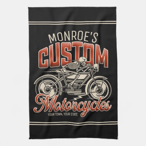 Custom NAME Skeleton Motorcycle Cycle Shop Kitchen Towel