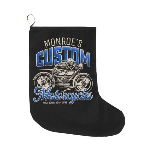 Custom NAME Skeleton Motorcycle Cycle Shop Large Christmas Stocking