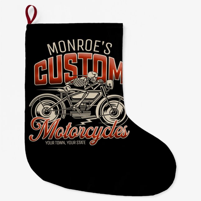 Custom NAME Skeleton Motorcycle Cycle Shop Large Christmas Stocking (Front)