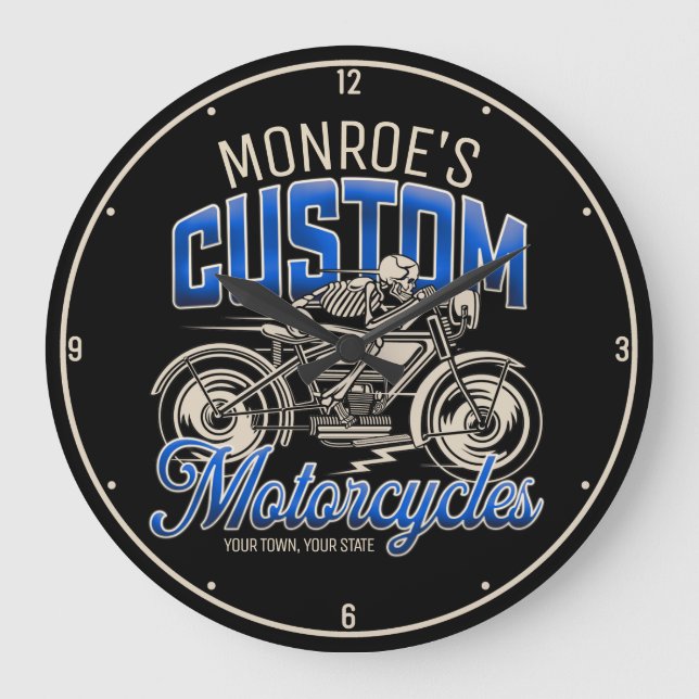 Custom NAME Skeleton Motorcycle Cycle Shop Large Clock (Front)