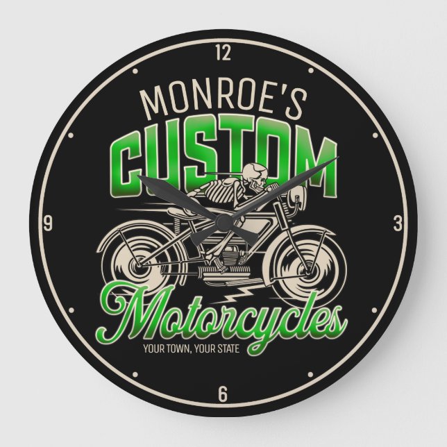 Custom NAME Skeleton Motorcycle Cycle Shop Large Clock (Front)