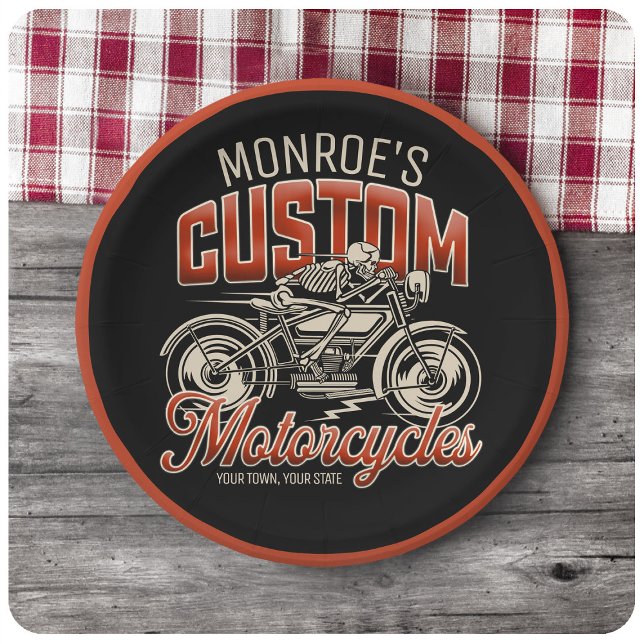 Custom NAME Skeleton Motorcycle Cycle Shop Paper Plates (Creator Uploaded)