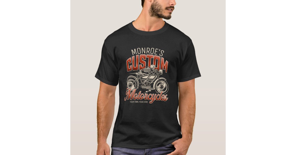 Custom NAME Skeleton Motorcycle Cycle Shop T-Shirt | Zazzle