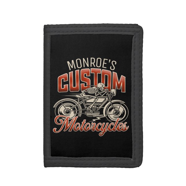 Custom NAME Skeleton Motorcycle Cycle Shop Trifold Wallet (Front Vertical)