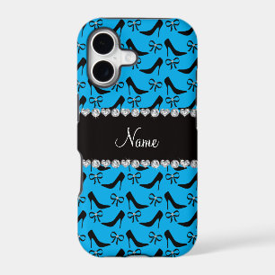 Custom name sky blue black high heels bow diamond iPhone 17 case