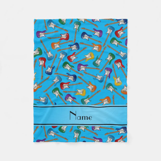 Custom name sky blue colorful electric guitars fleece blanket (Front)
