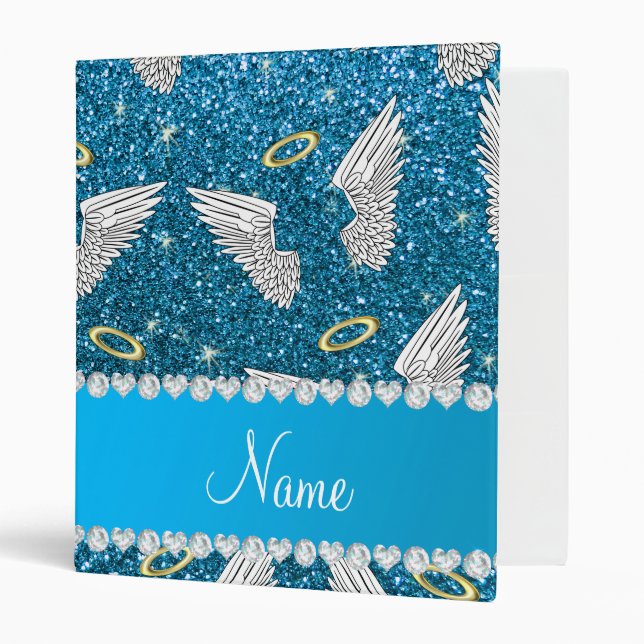 Custom name sky blue glitter angel wings 3 ring binder (Front/Inside)