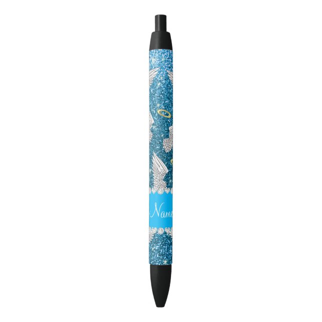 Custom name sky blue glitter angel wings pen (Front Vertical)