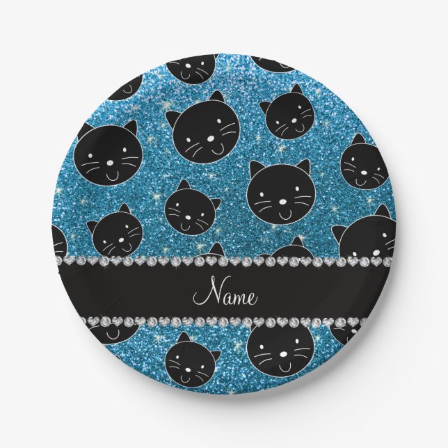 Custom name sky blue glitter black cat faces paper plates (Front)