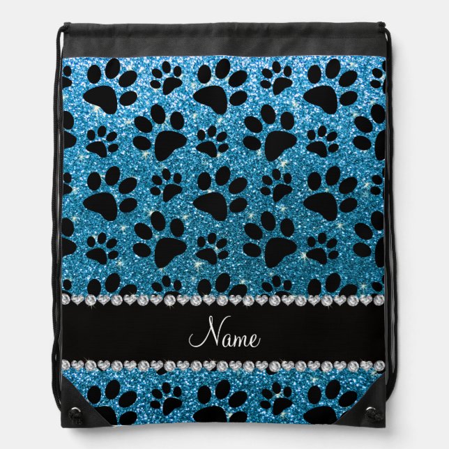 Custom name sky blue glitter black dog paws drawstring bag (Front)