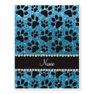 Custom name sky blue glitter black dog paws temporary tattoos