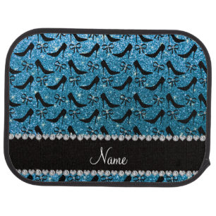 Custom name sky blue glitter black high heels bow car floor mat