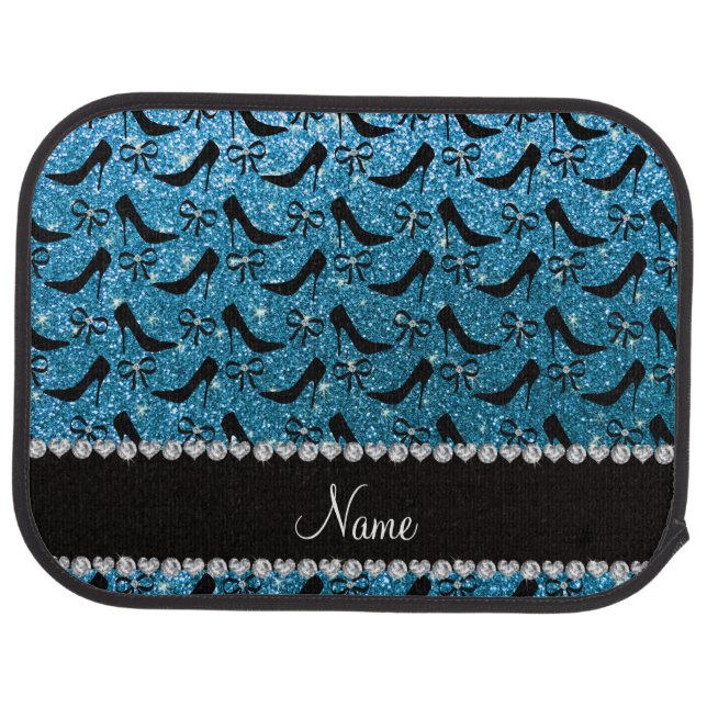 Custom name sky blue glitter black high heels bow car floor mat (Rear)