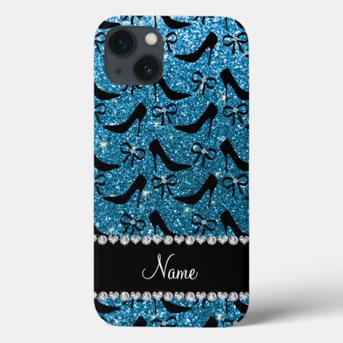 Custom name sky blue glitter black high heels bow iPhone 13 case