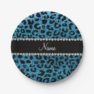 Custom name sky blue glitter cheetah print paper plates