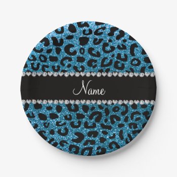 Custom Name Sky Blue Glitter Cheetah Print Paper Plates by Brothergravydesigns at Zazzle